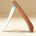 Folding fillet knife with lock-back safety and engraved rosewood handle, shown fully extended at 13 inches