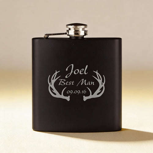 Personalized stainless steel hip flask engraved with a name and wedding date, 8 oz brushed finish