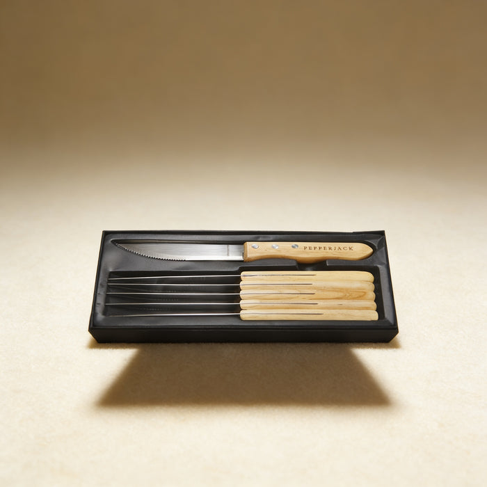 Custom engraved maple handle steak knife with name engraving, shown beside gift box