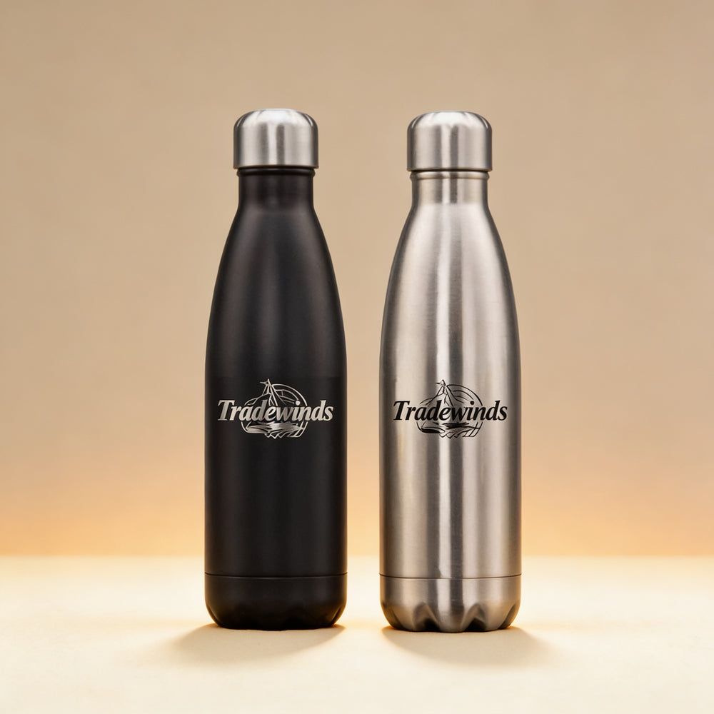 Personalized Pin Water Bottle engraved with a name, 17 oz stainless steel in black finish