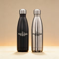 Personalized Pin Water Bottle engraved with a name, 17 oz stainless steel in black finish