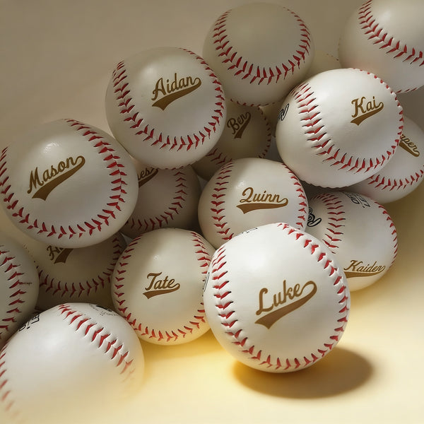 Custom engraved baseball keepsake gift showing monogram on white leather with red stitching