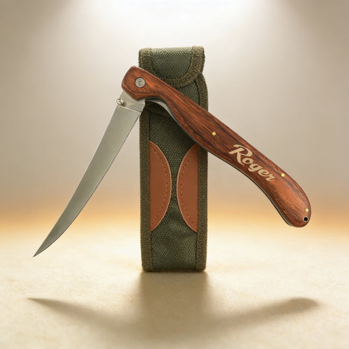 Custom engraved folding fillet knife closed, rosewood handle with laser-engraved initials