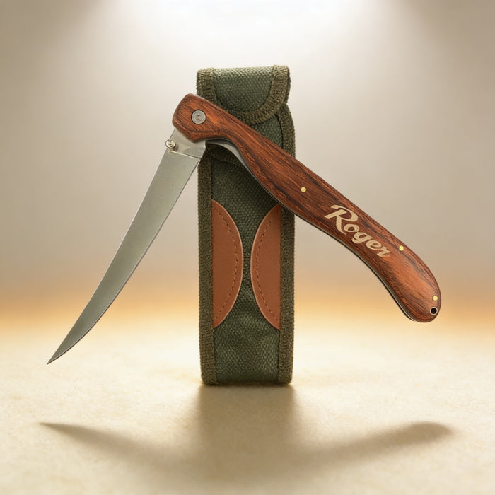 Custom engraved folding fillet knife closed, rosewood handle with laser-engraved initials