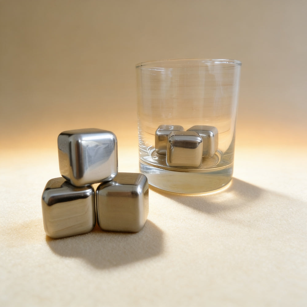 Custom engraved stainless steel ice cubes in gift box with transport bag, personalized barware