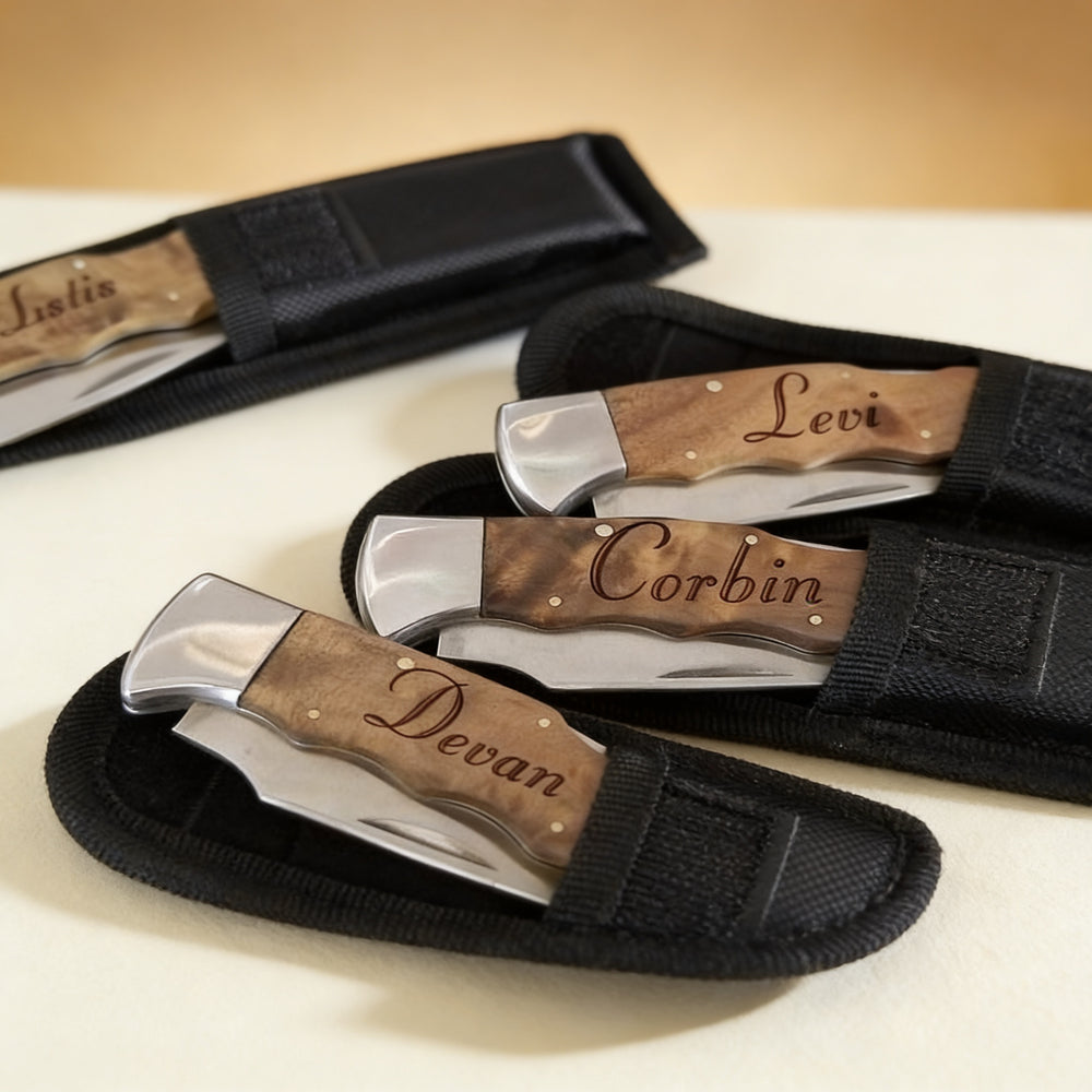 Laser engraved pocket knife gift for groomsmen, handle detail showing engraved initials