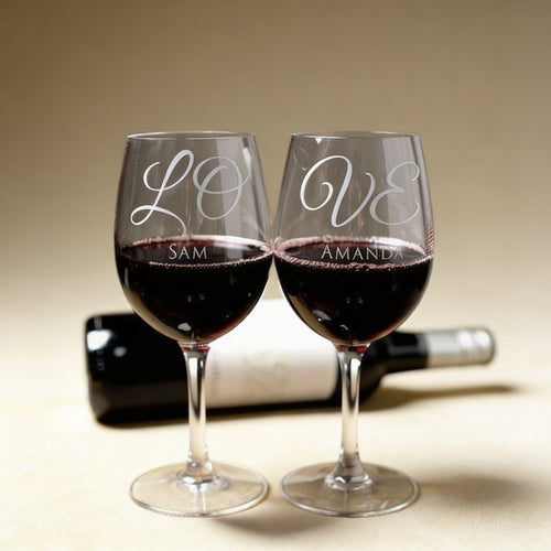 Personalized stemmed wine glass engraved with a name and wedding date, 11.5 oz clear glass