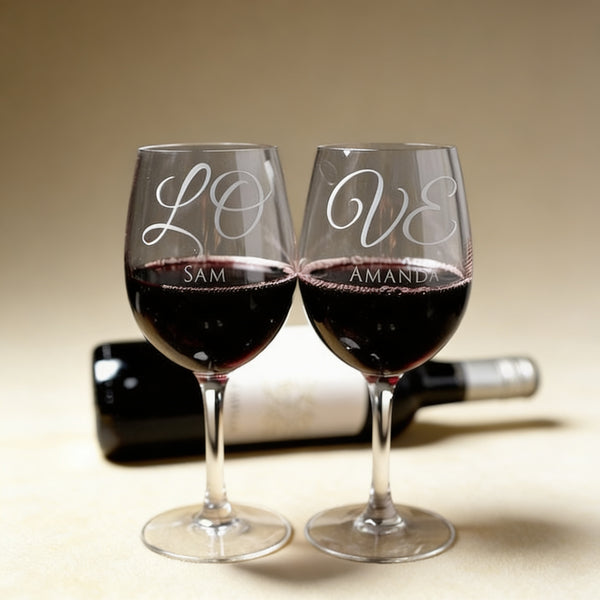 Personalized stemmed wine glass engraved with a name and wedding date, 11.5 oz clear glass