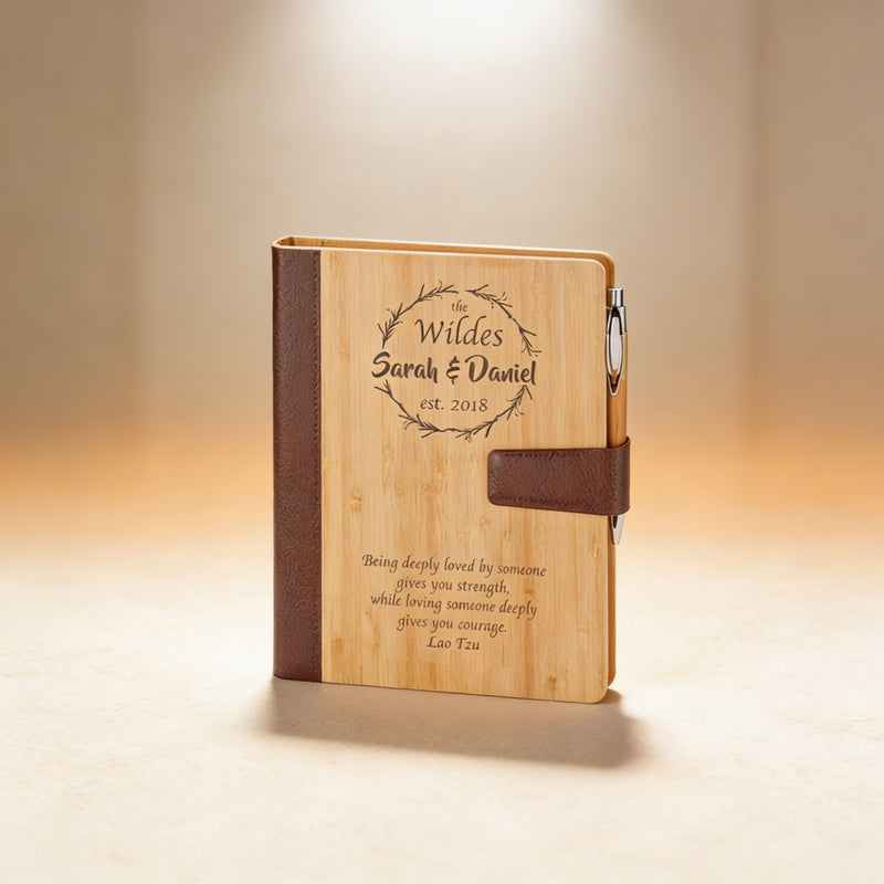 Personalized bamboo journal engraved with a name and date, hardcover spiral-bound notebook