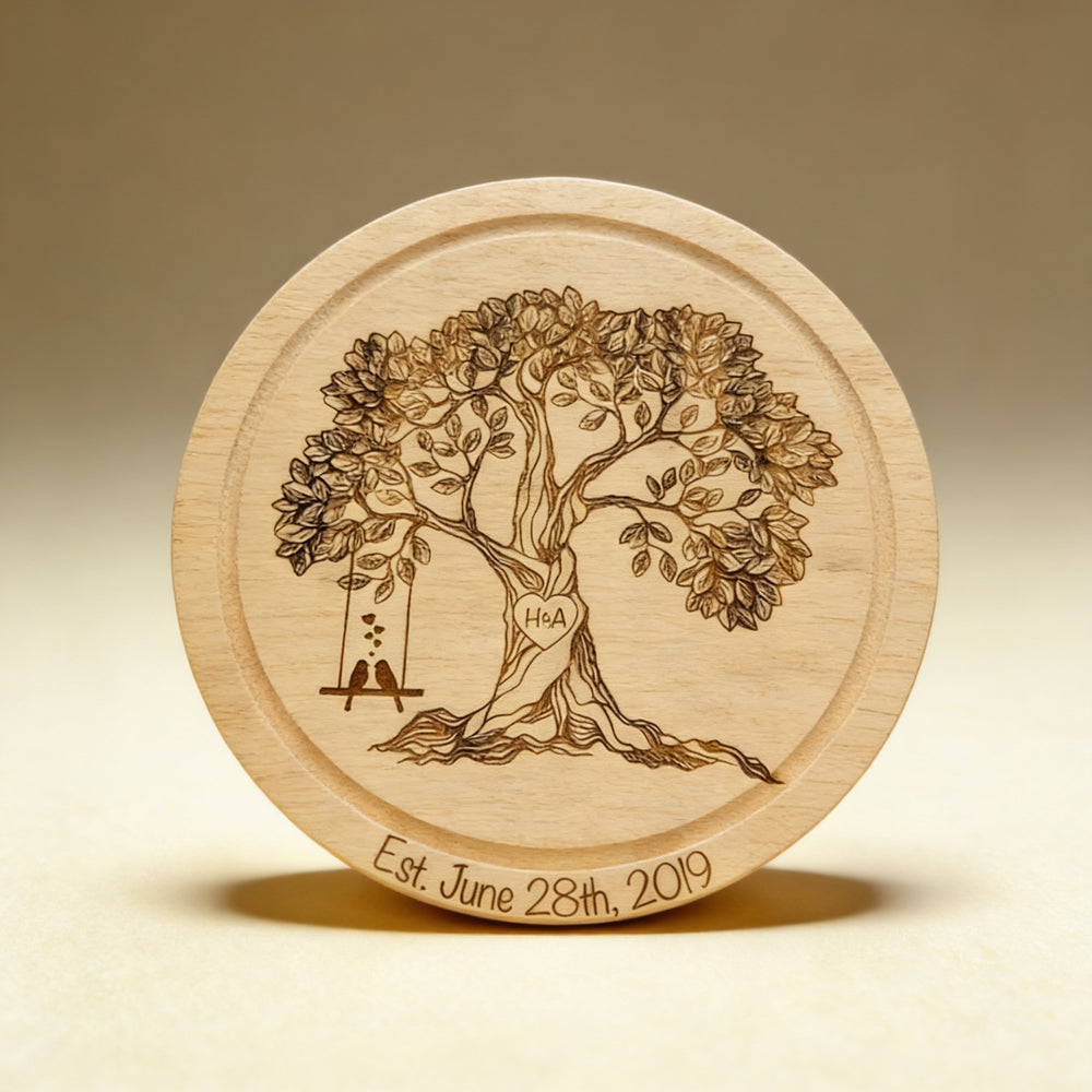 Laser engraved cheese board wedding gift, circular wood board with swivel opening and personalized name