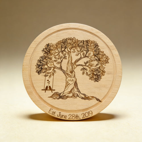 Laser engraved cheese board wedding gift, circular wood board with swivel opening and personalized name