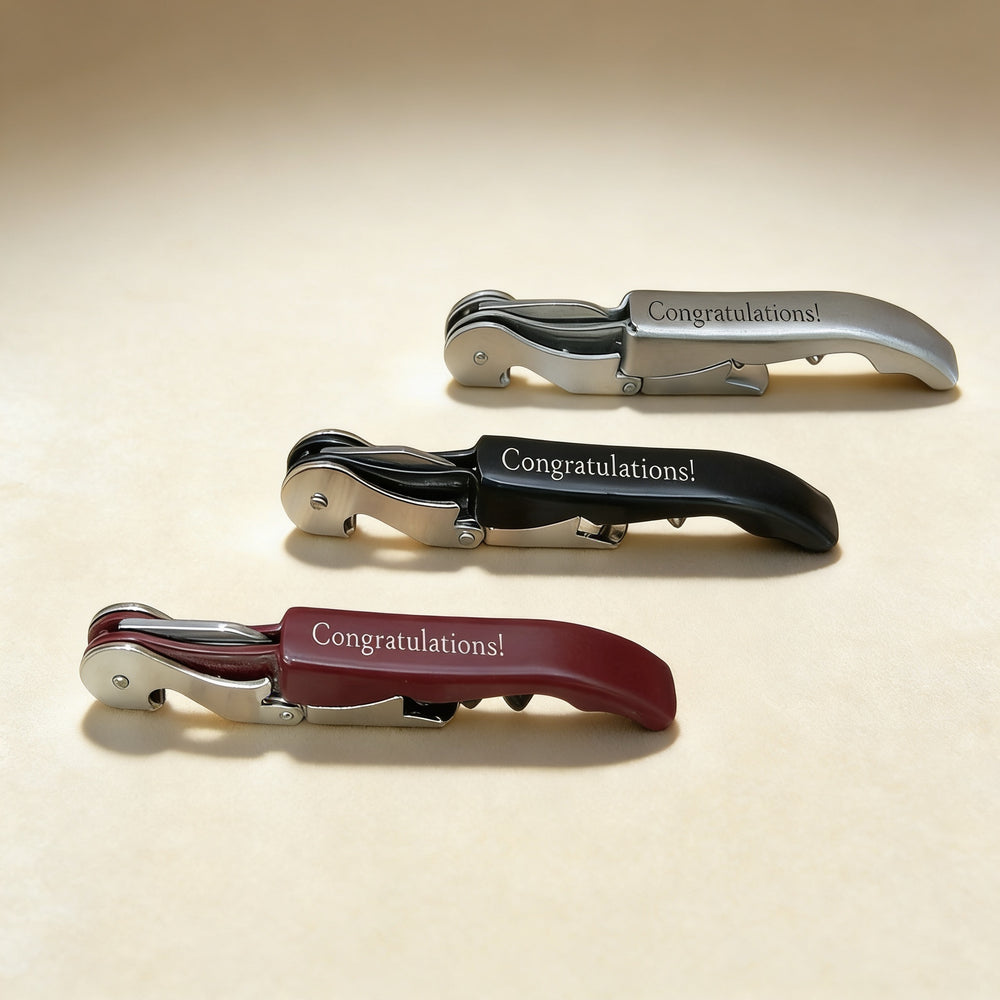 Personalized waiter's corkscrew engraved with a monogram, stainless steel in black finish