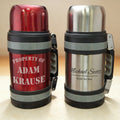 Personalized 32 oz thermos engraved with a name, vacuum-insulated stainless steel in silver