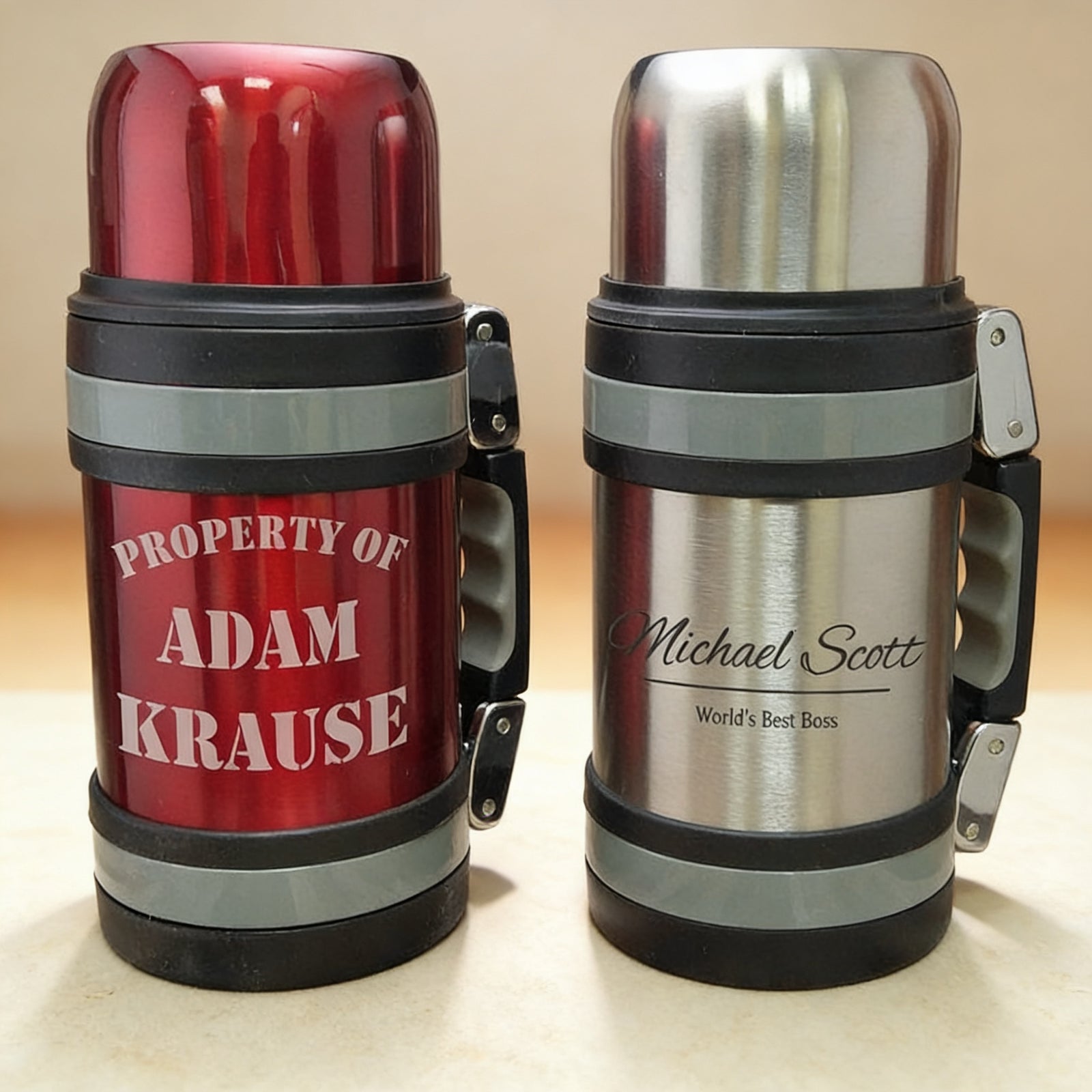 Personalized 32 oz thermos engraved with a name, vacuum-insulated stainless steel in silver