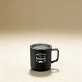 Custom engraved coffee mug with monogram, double-wall stainless steel in navy, shown on a wooden surface