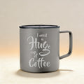 Laser engraved insulated travel mug with custom logo, available in grey and white finishes