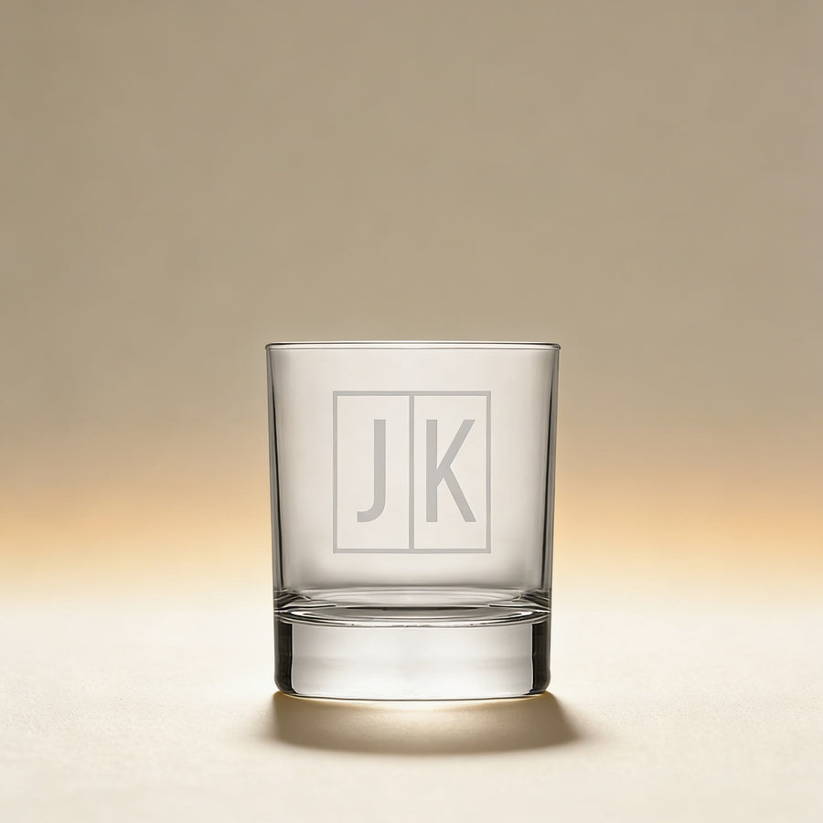 Personalized whiskey glass engraved with a monogram, 10 oz. clear glass