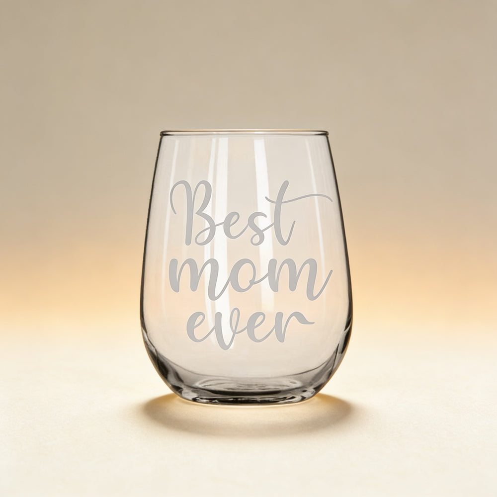 Custom engraved stemless wine glass with monogram, laser engraved glassware