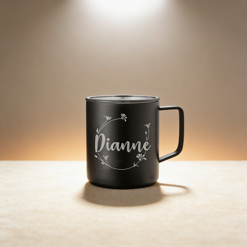 Personalized insulated coffee mug engraved with a name and border, 14 oz stainless steel in black finish