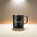 Personalized insulated coffee mug engraved with a name and border, 14 oz stainless steel in black finish