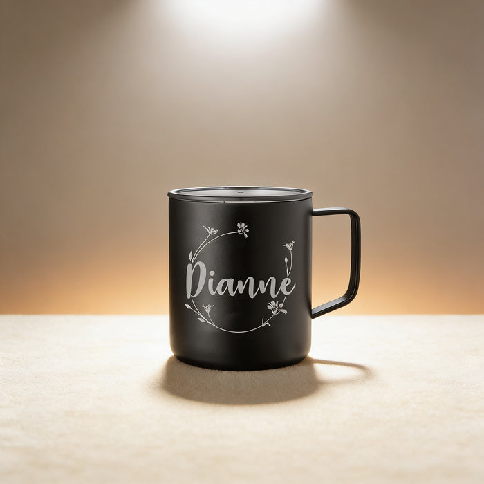 Personalized insulated coffee mug engraved with a name and border, 14 oz stainless steel in black finish