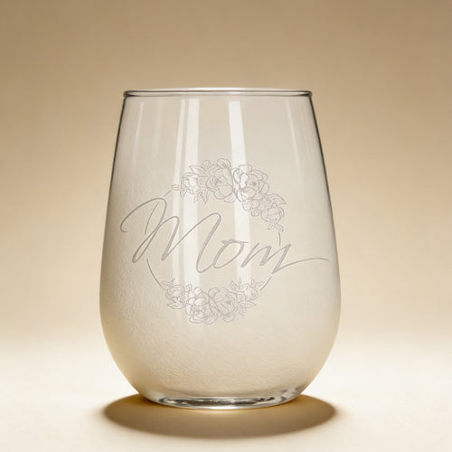 Laser engraved stemless wine glass with short phrase, wedding gift idea