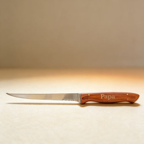 Custom engraved folding fillet knife closed, rosewood handle with laser-engraved monogram