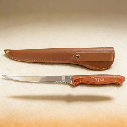 Engraved fillet knife gift for anglers, rosewood handle and stainless steel fold-out blade