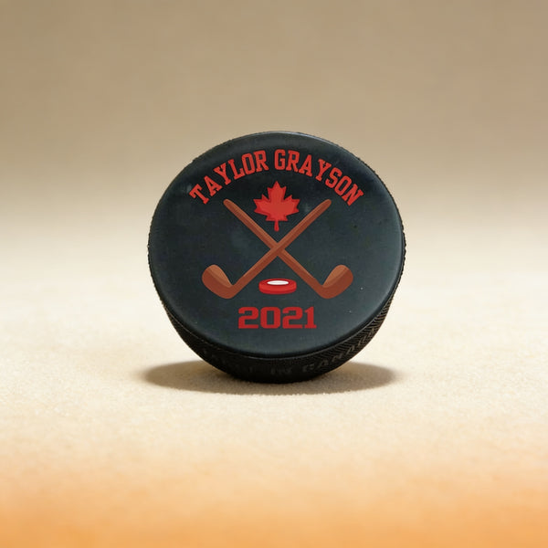 Custom UV-printed hockey puck showing team graphic, made-to-order gift for hockey fans