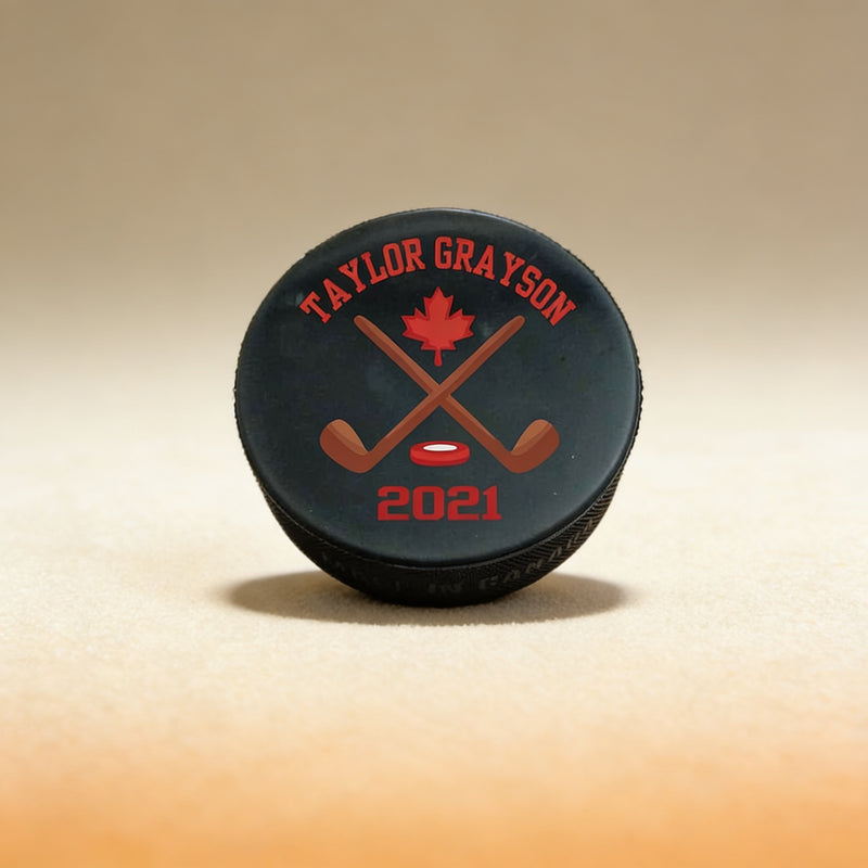 Custom UV-printed hockey puck showing team graphic, made-to-order gift for hockey fans