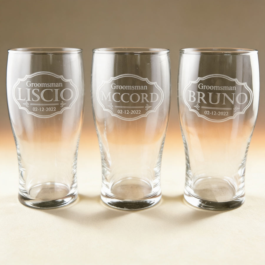 Personalized tulip pint glass engraved with a name and date, 16 oz. clear glass