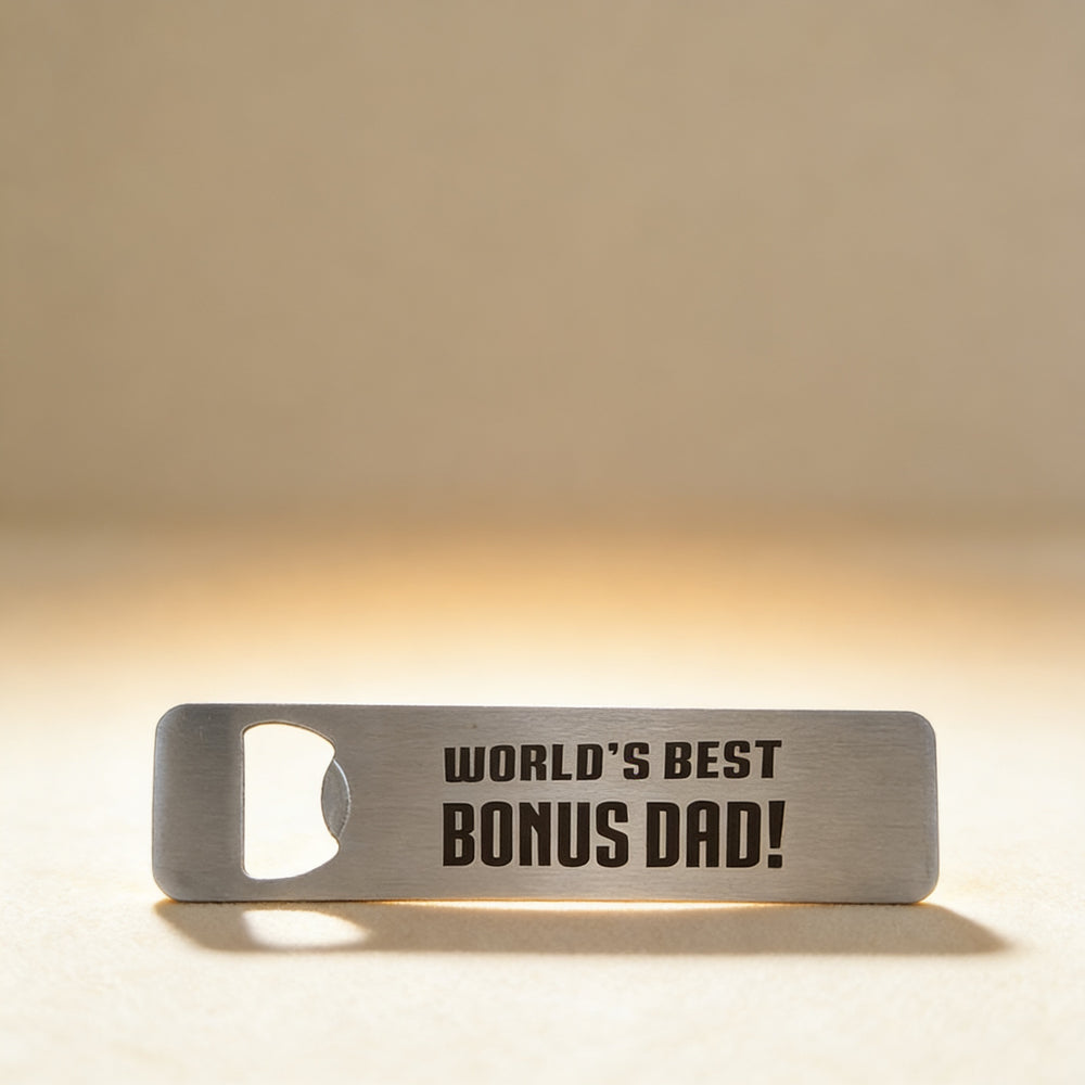 Custom engraved dog tag bottle opener with monogram, brushed stainless steel