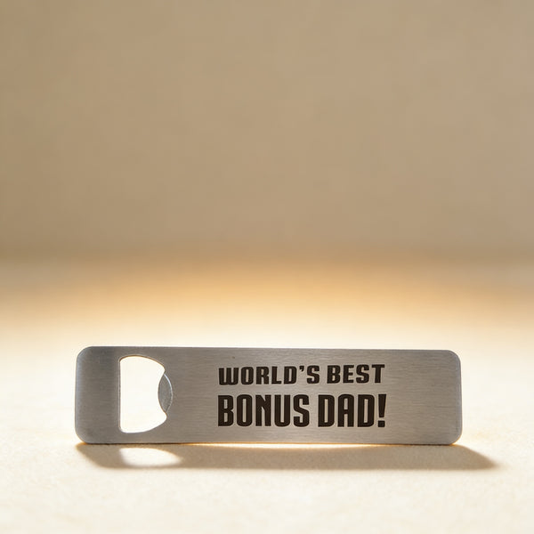 Custom engraved dog tag bottle opener with monogram, brushed stainless steel
