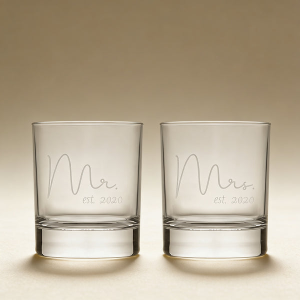 Custom engraved whiskey glass with a name and date, laser etched on glass
