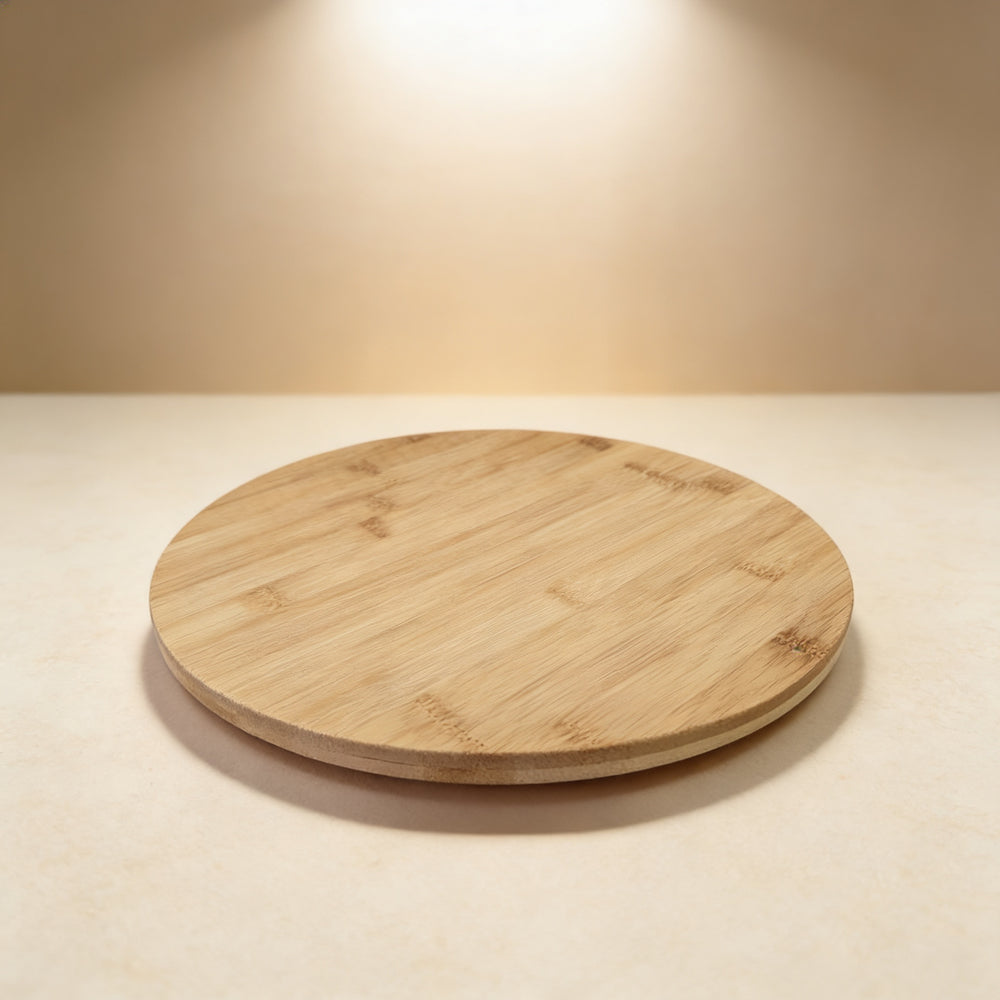 Laser engraved bamboo lazy susan on a set dining table, personalized housewarming gift