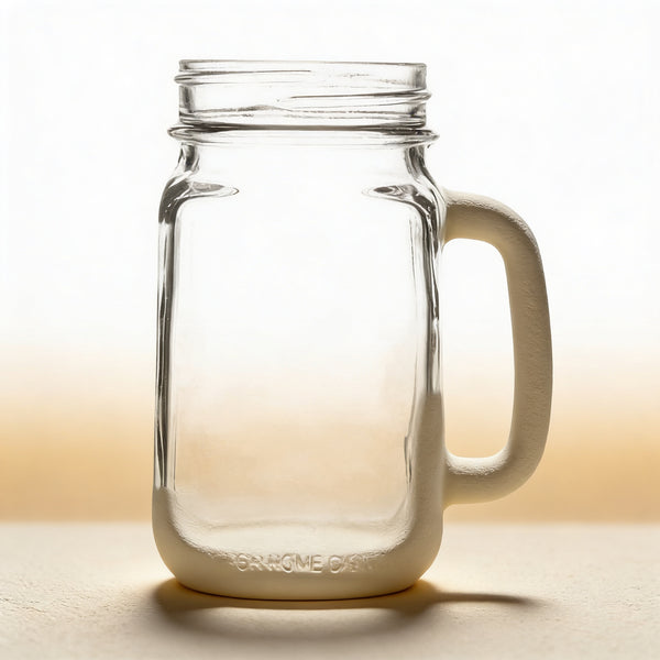 Custom engraved glass mason jar mug with monogram, shown from front on wooden surface