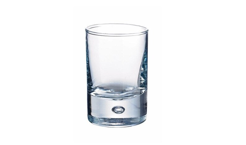 Personalized round mouth shot glass engraved with a name and date, 1.5 oz clear glass