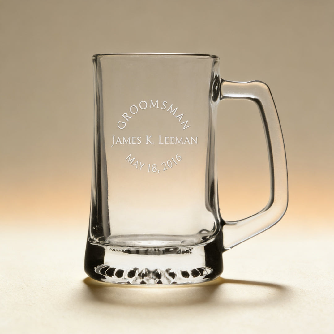 Personalized glass beer mug engraved with a name and monogram, 15 oz. glass stein