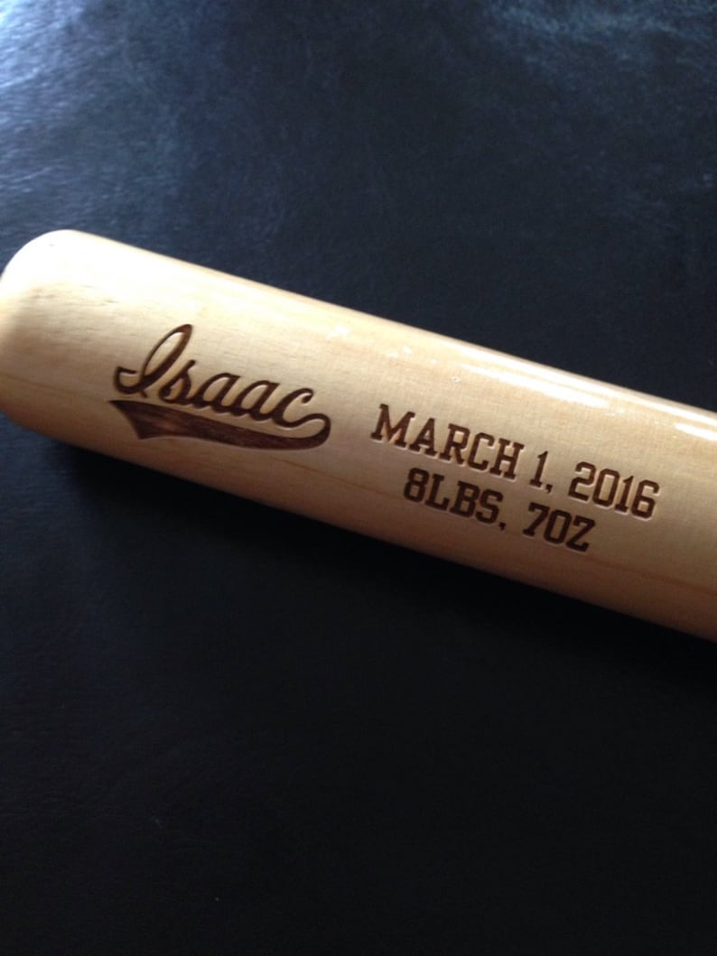 Personalized mini baseball bat engraved with a child's name and birth date, 18-inch solid wood
